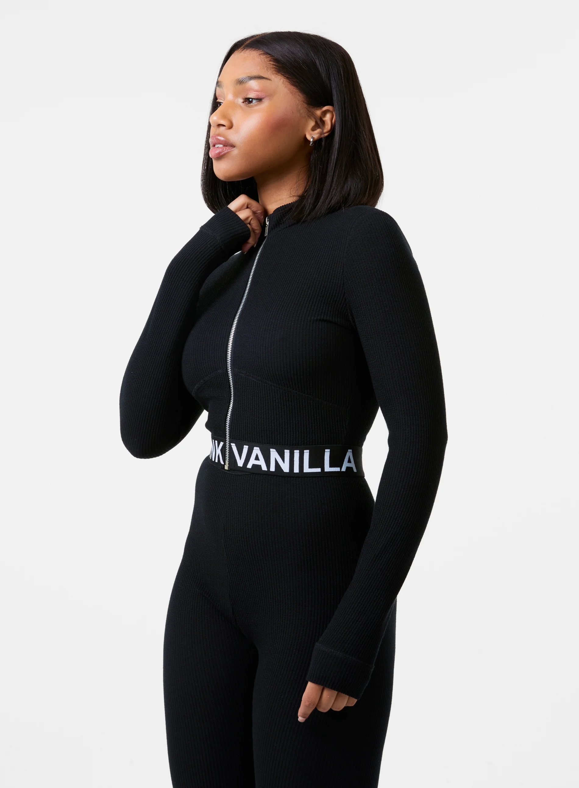 Ribbed Zip Up Top With Logo Band - Image 3