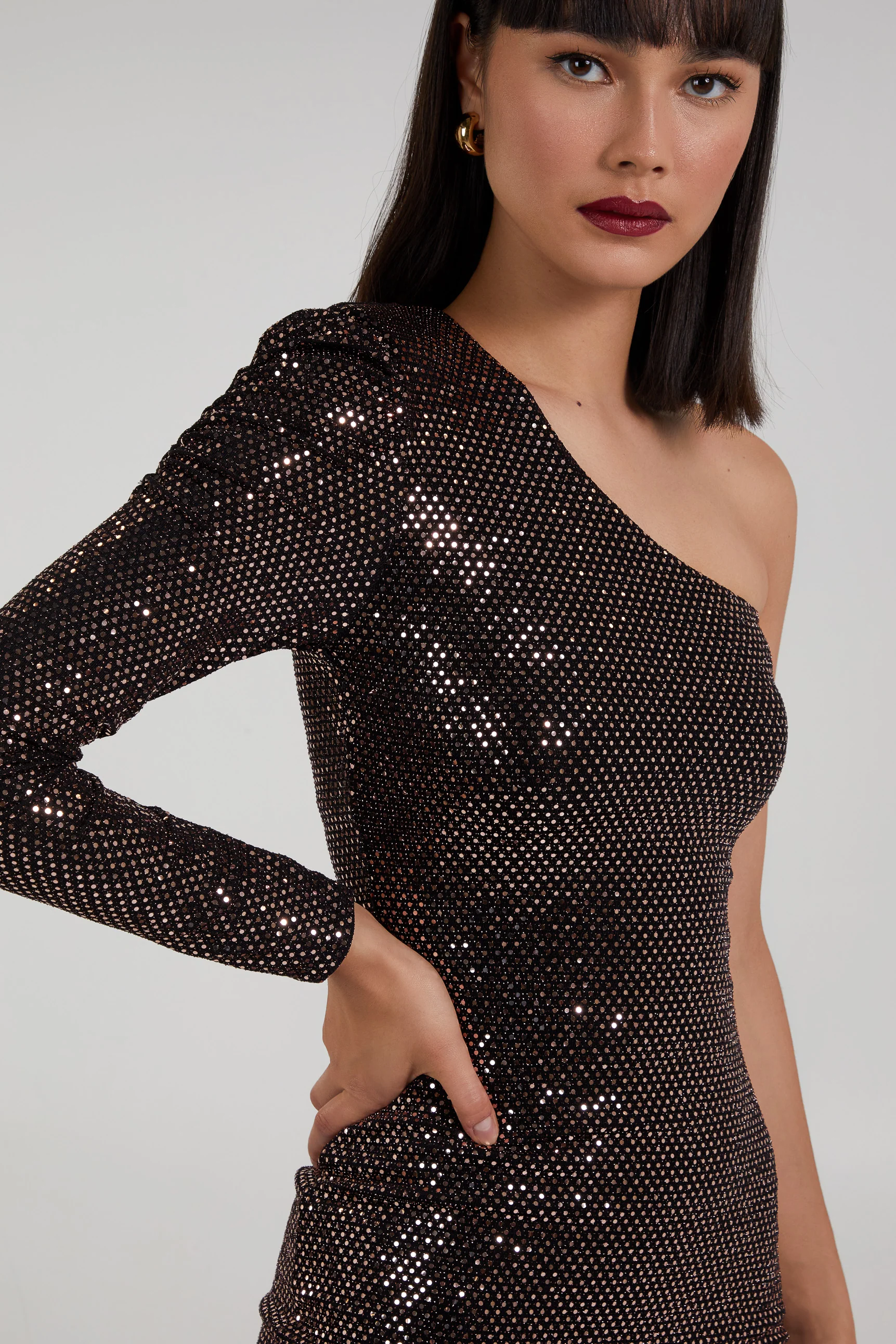 One Shoulder Ruched Sleeve Sparkle Dress - Image 3