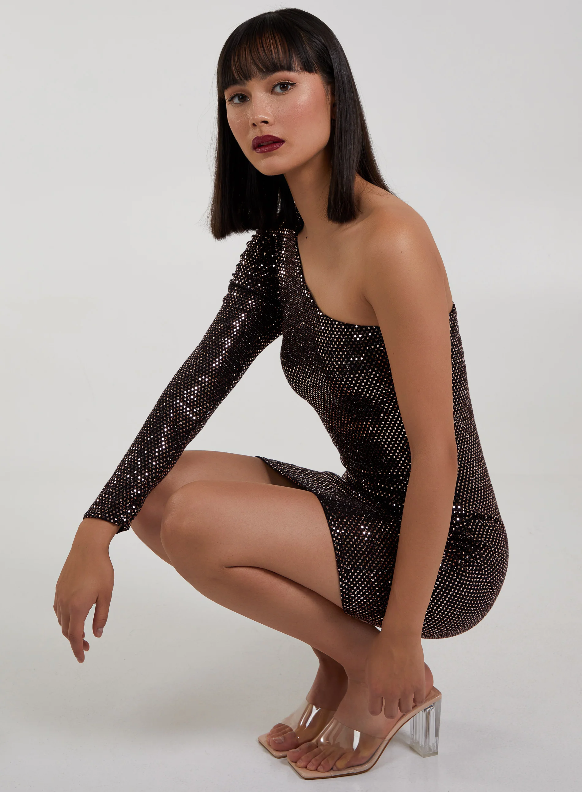 One Shoulder Ruched Sleeve Sparkle Dress - Image 5