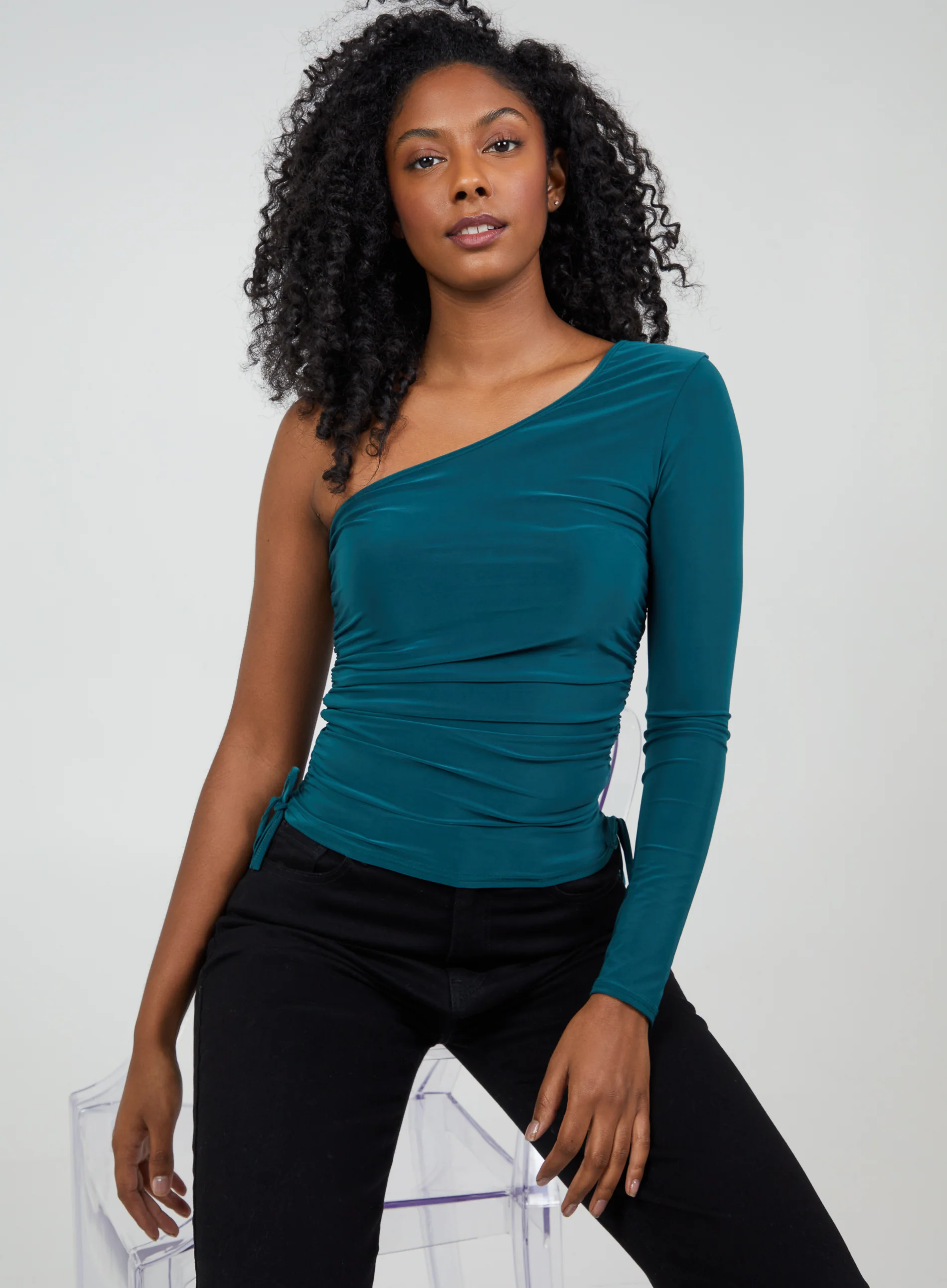 Ruched One Shoulder Slinky Top