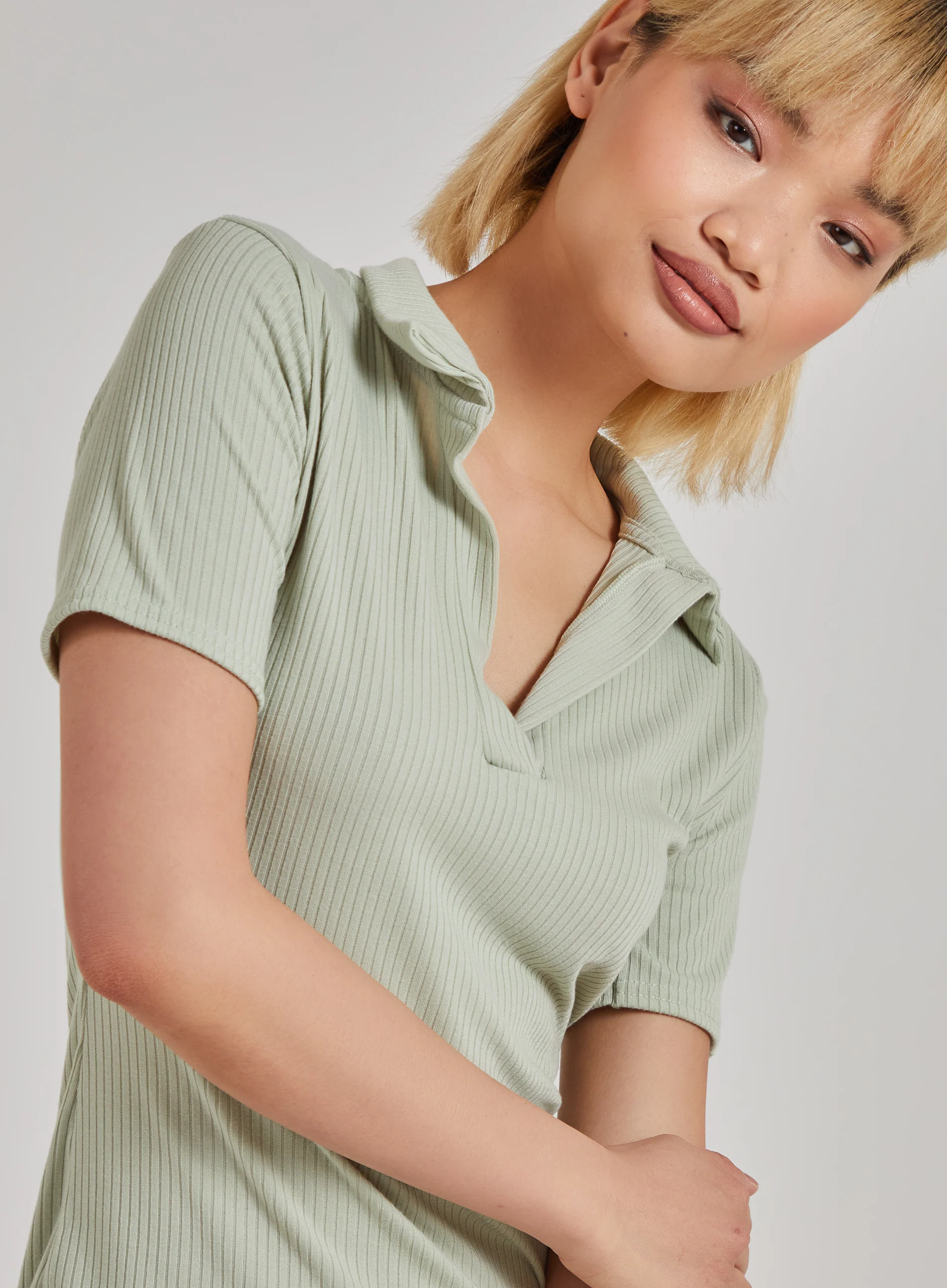 Short Sleeve Collar Neck Rib Mini Dress - Image 3