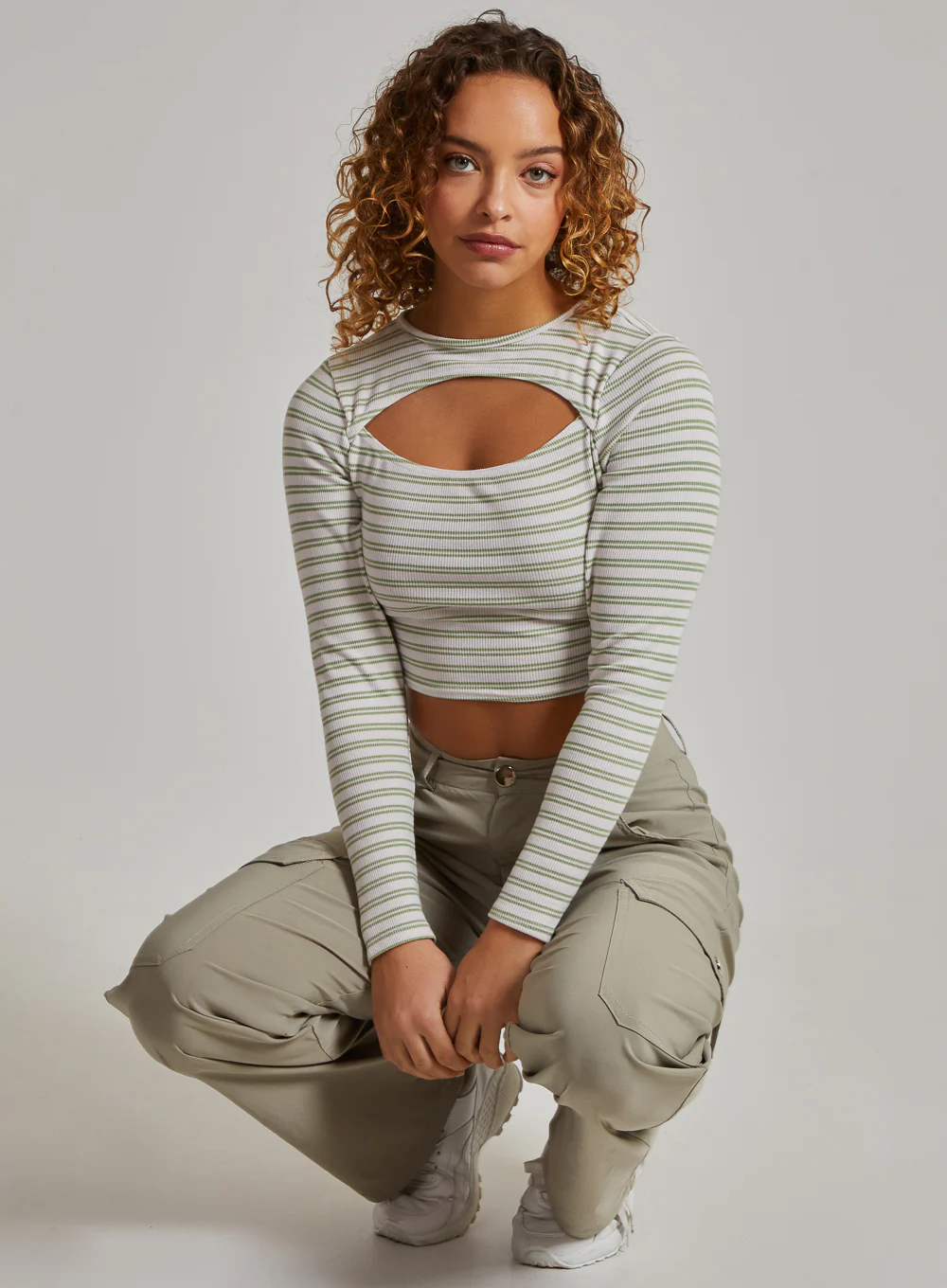 Striped Rib Letterbox Long Sleeve Crop Top - Image 2
