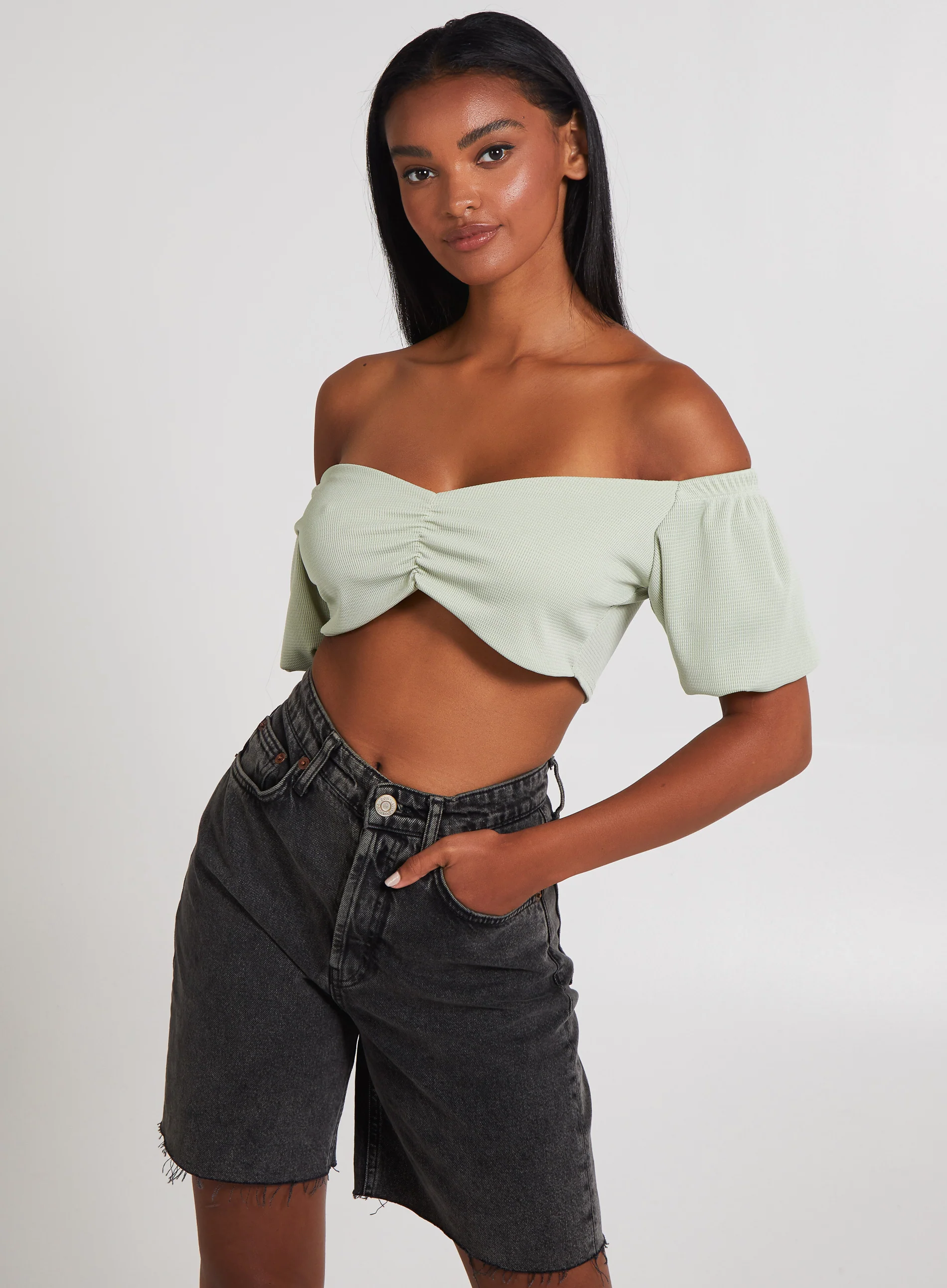Waffle Rib Ruched Crop Top