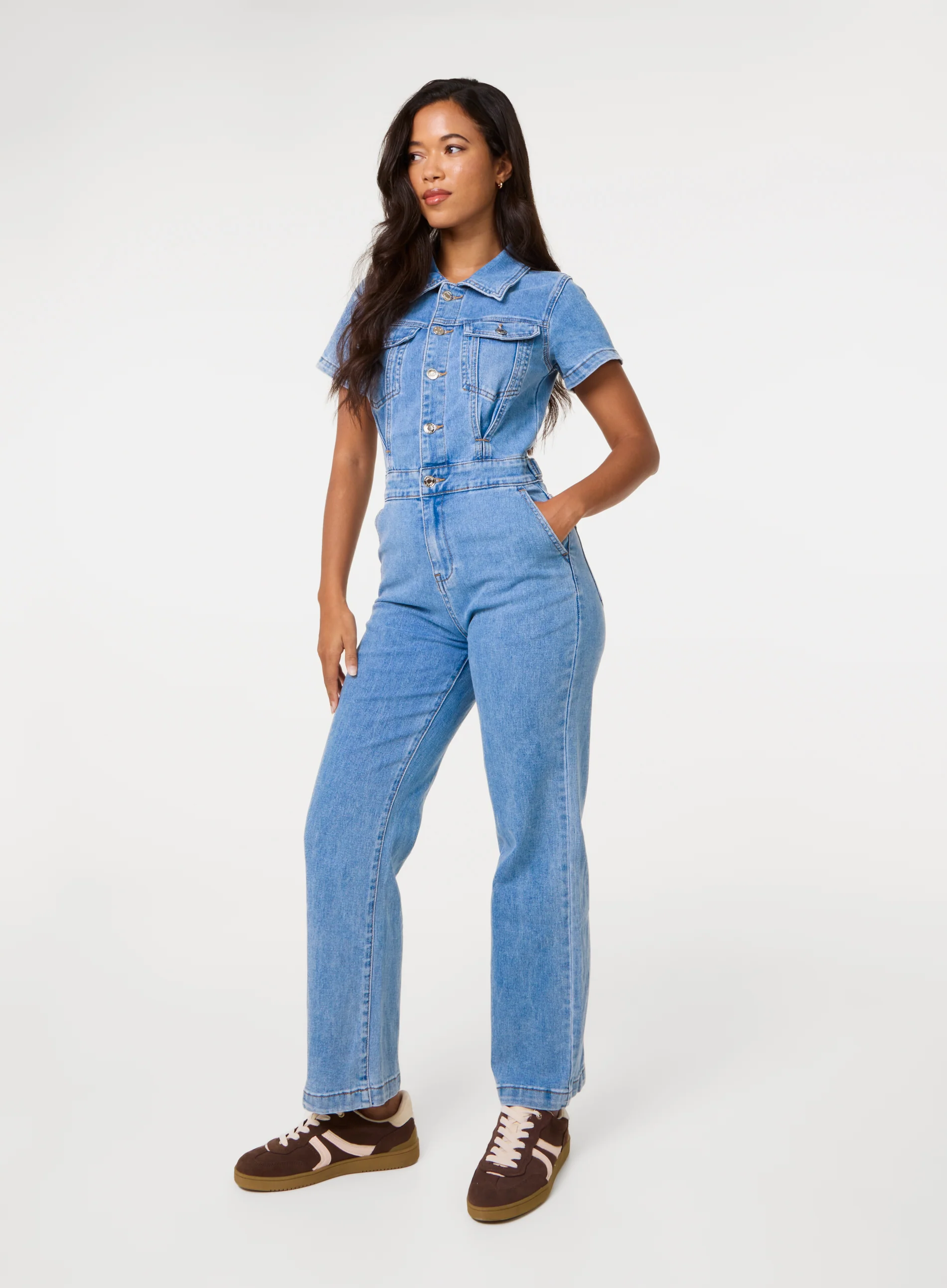 Short Sleeve Denim Jumpsuit - Image 3