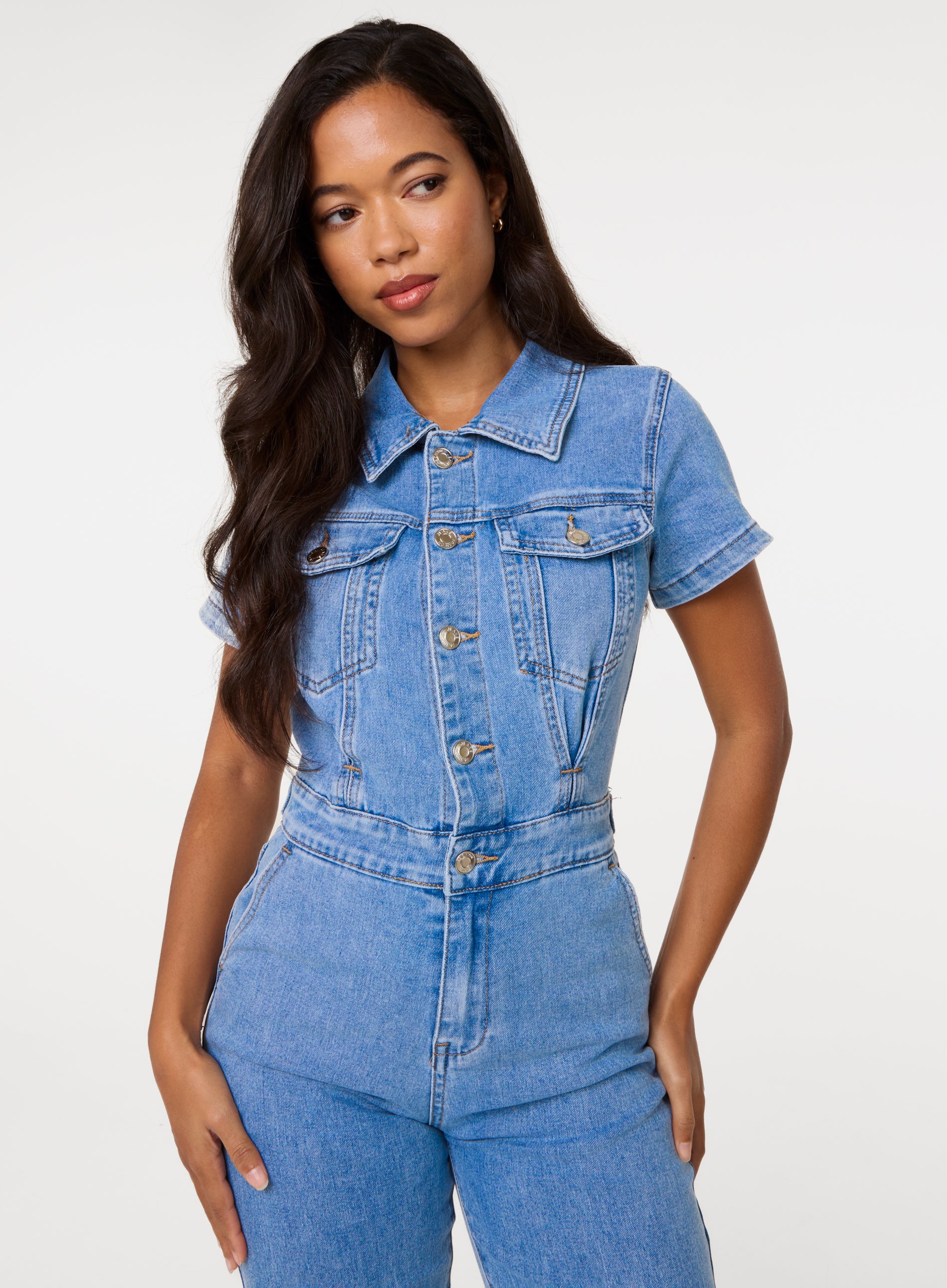 Short Sleeve Denim Jumpsuit - Image 4