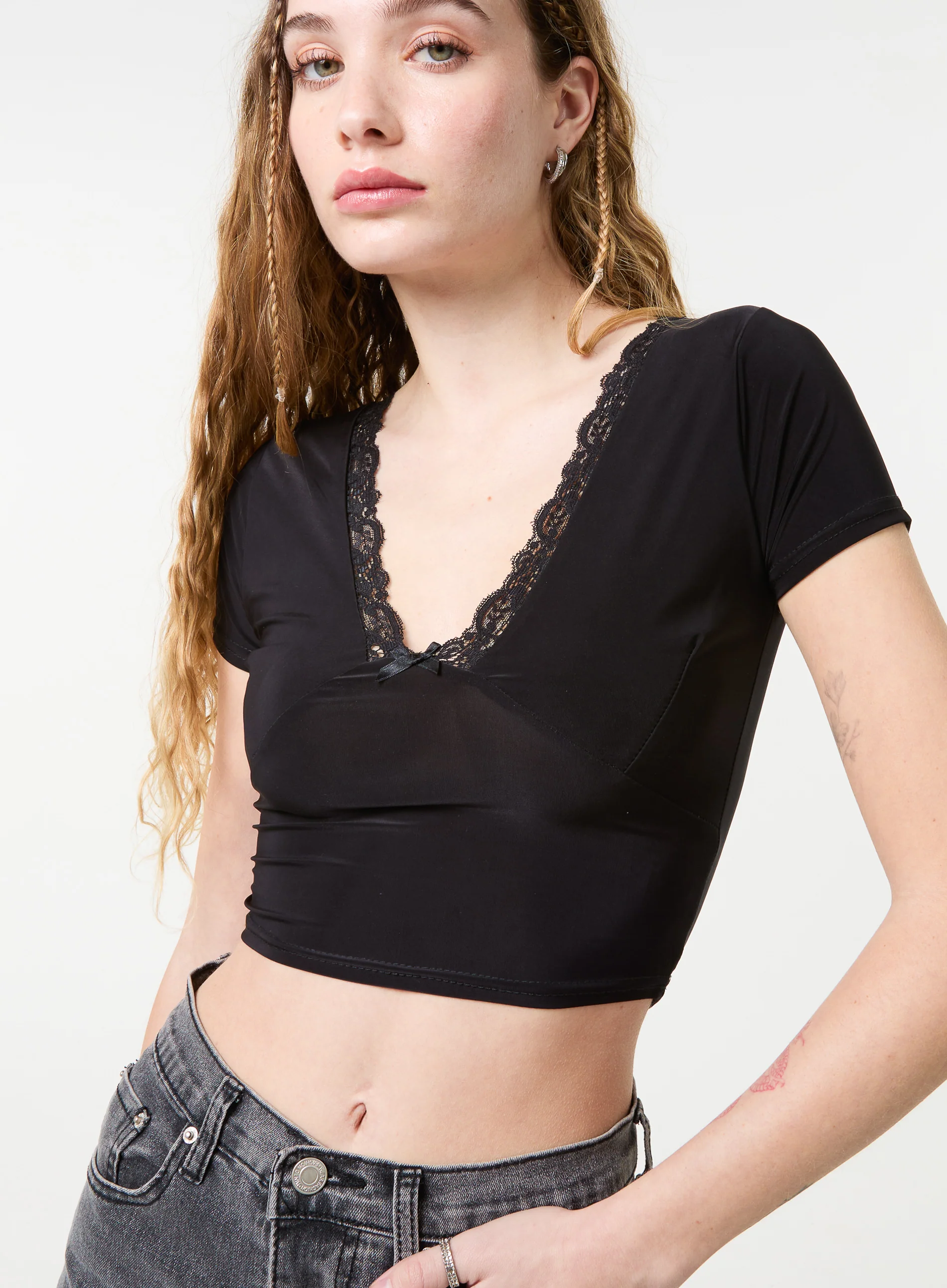 Slinky V Neck Top With Lace Trim - Image 3