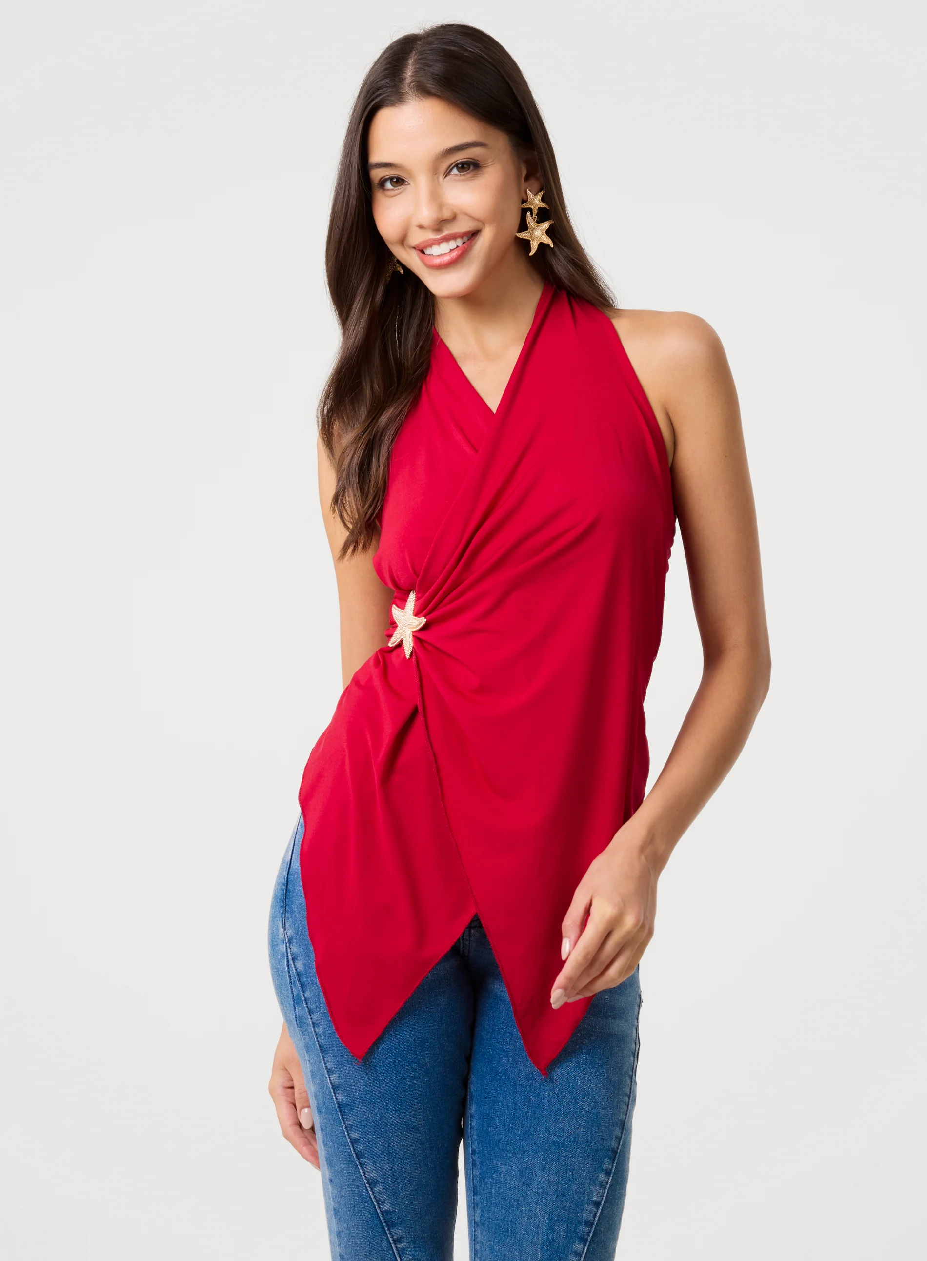 Star Detail Wrapover Halterneck Top