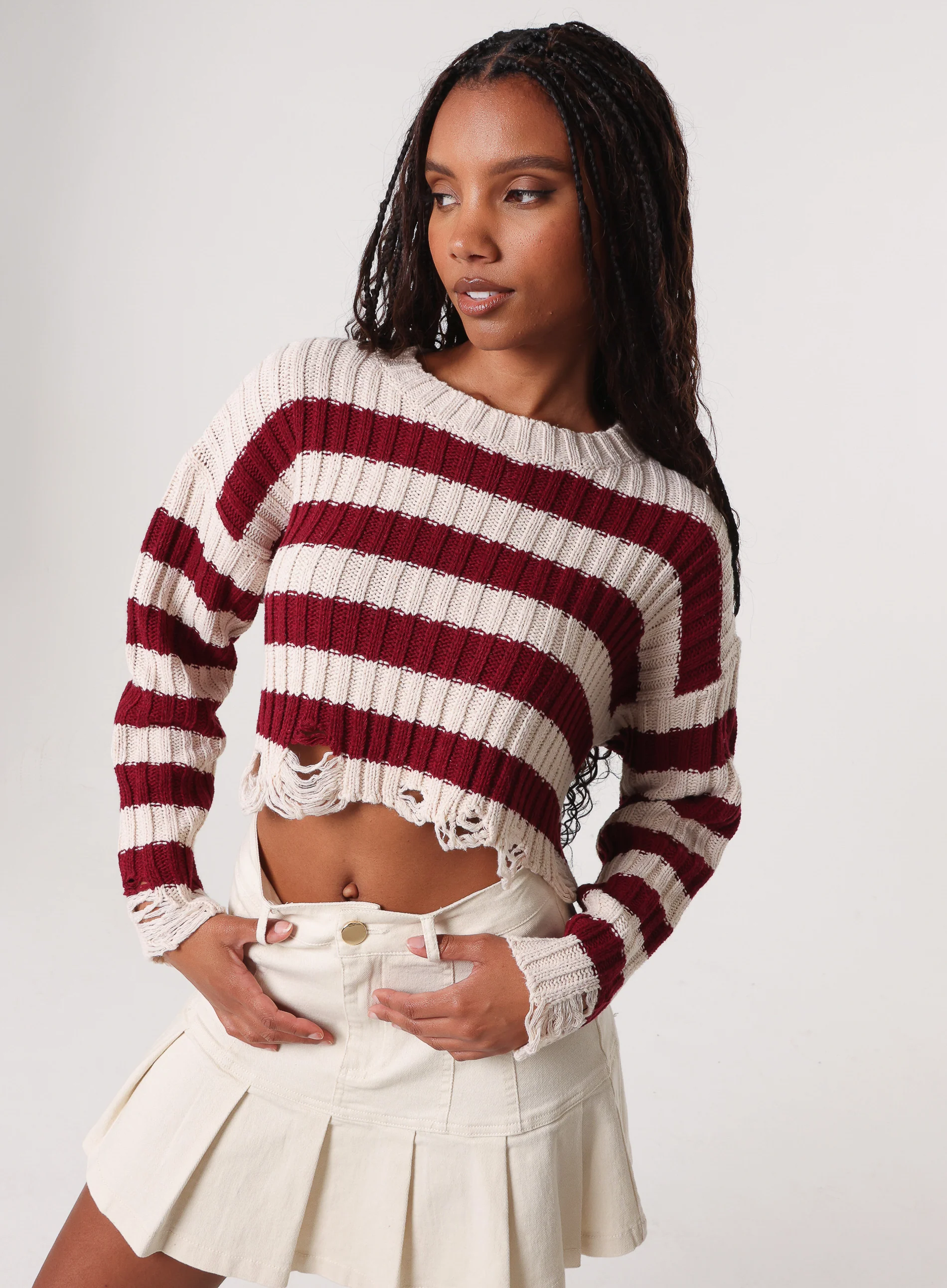 Distressed Striped Crop Knit Jumper - Image 4