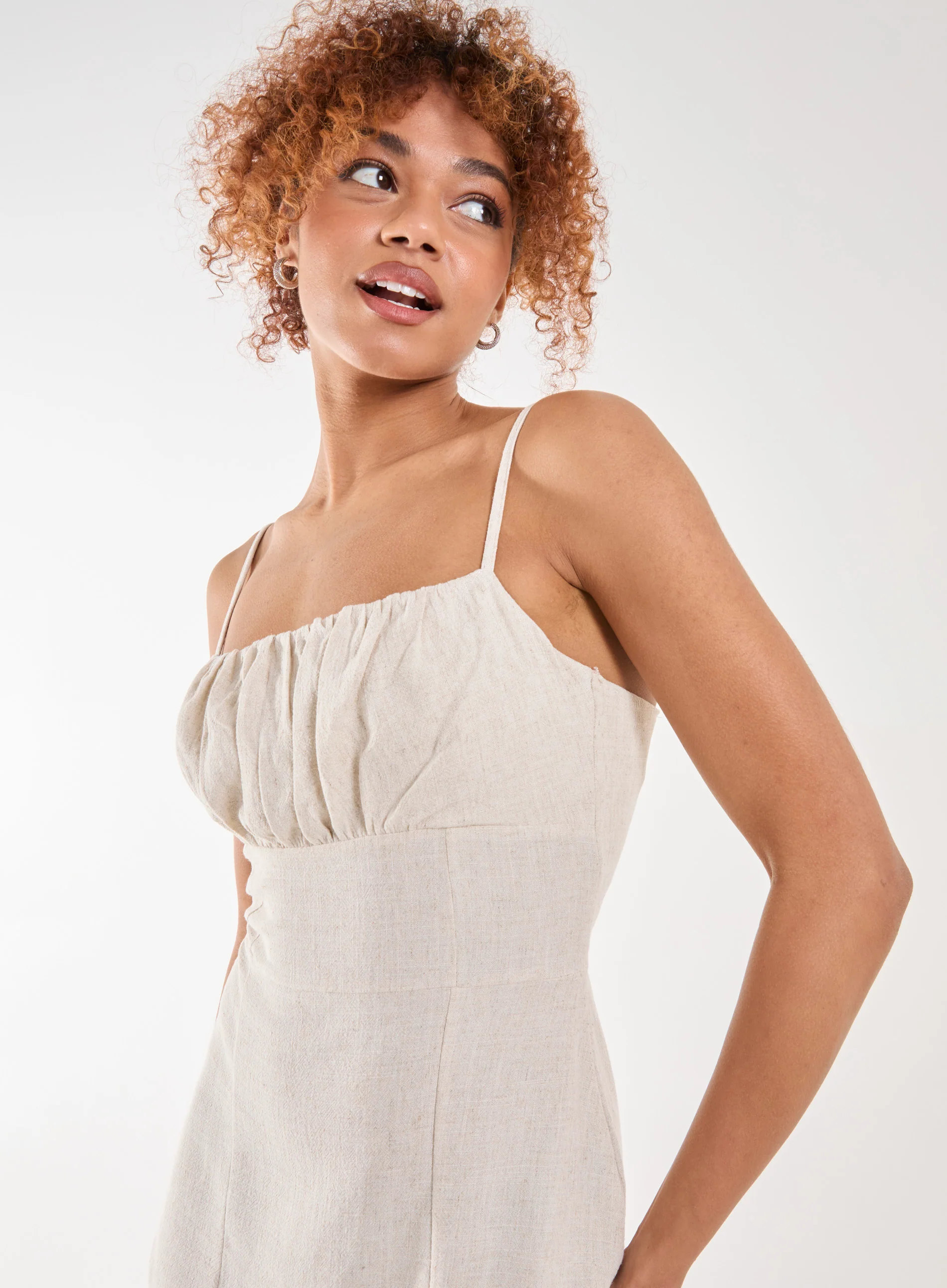 Linen Ruched Strappy Mini Dress - Image 4