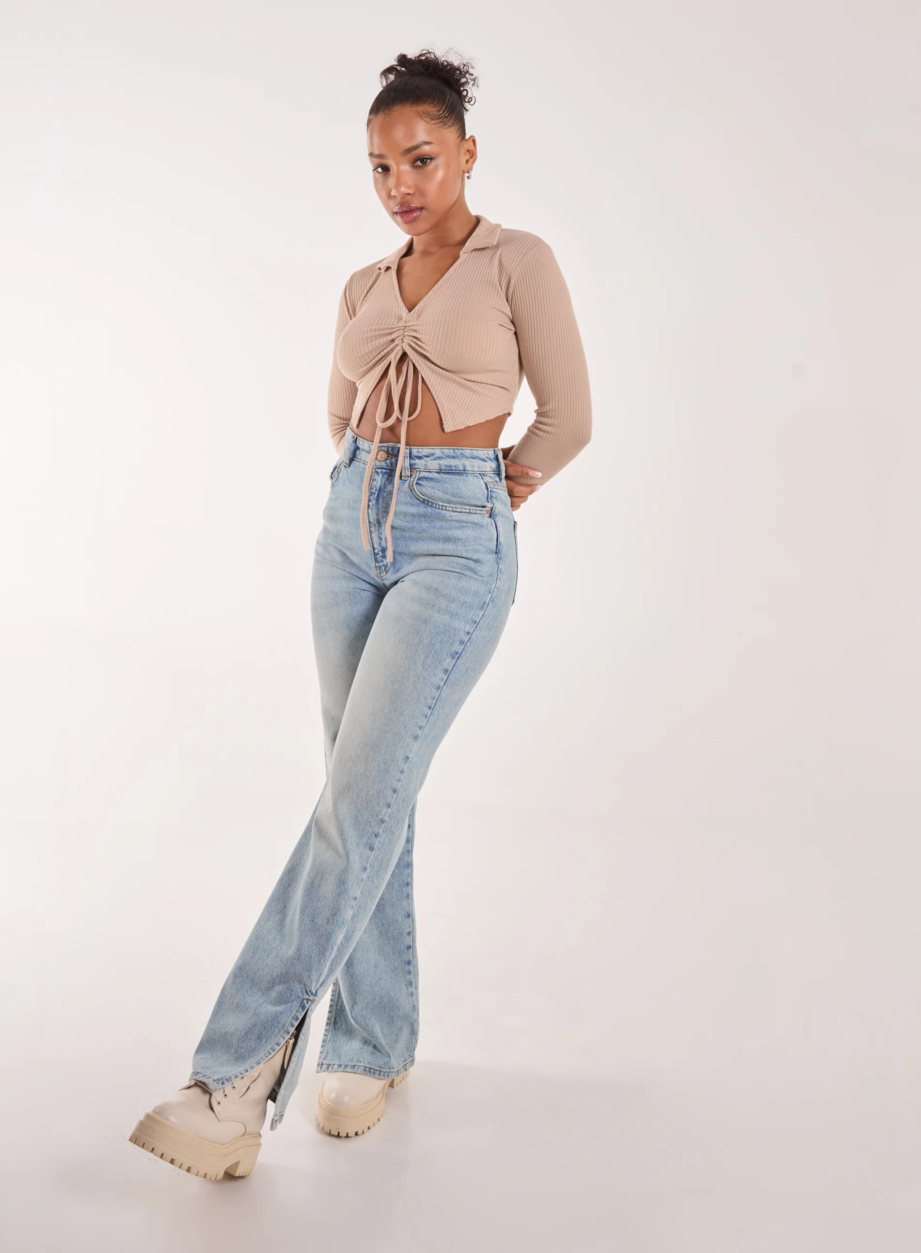 Long Sleeve Gathered Rib Top - Image 2