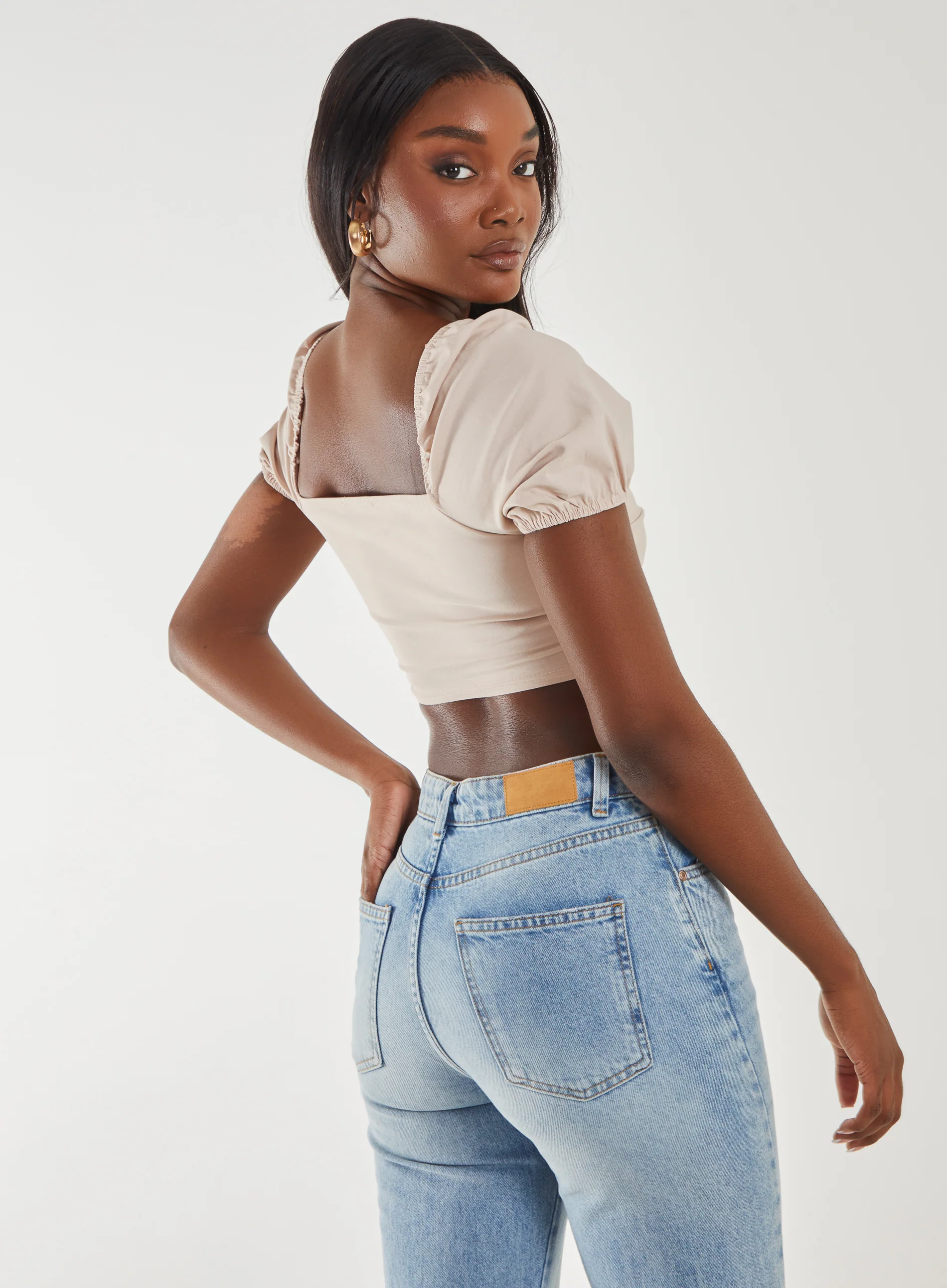 Puff Sleeve Bengaline Cropped Top - Image 4