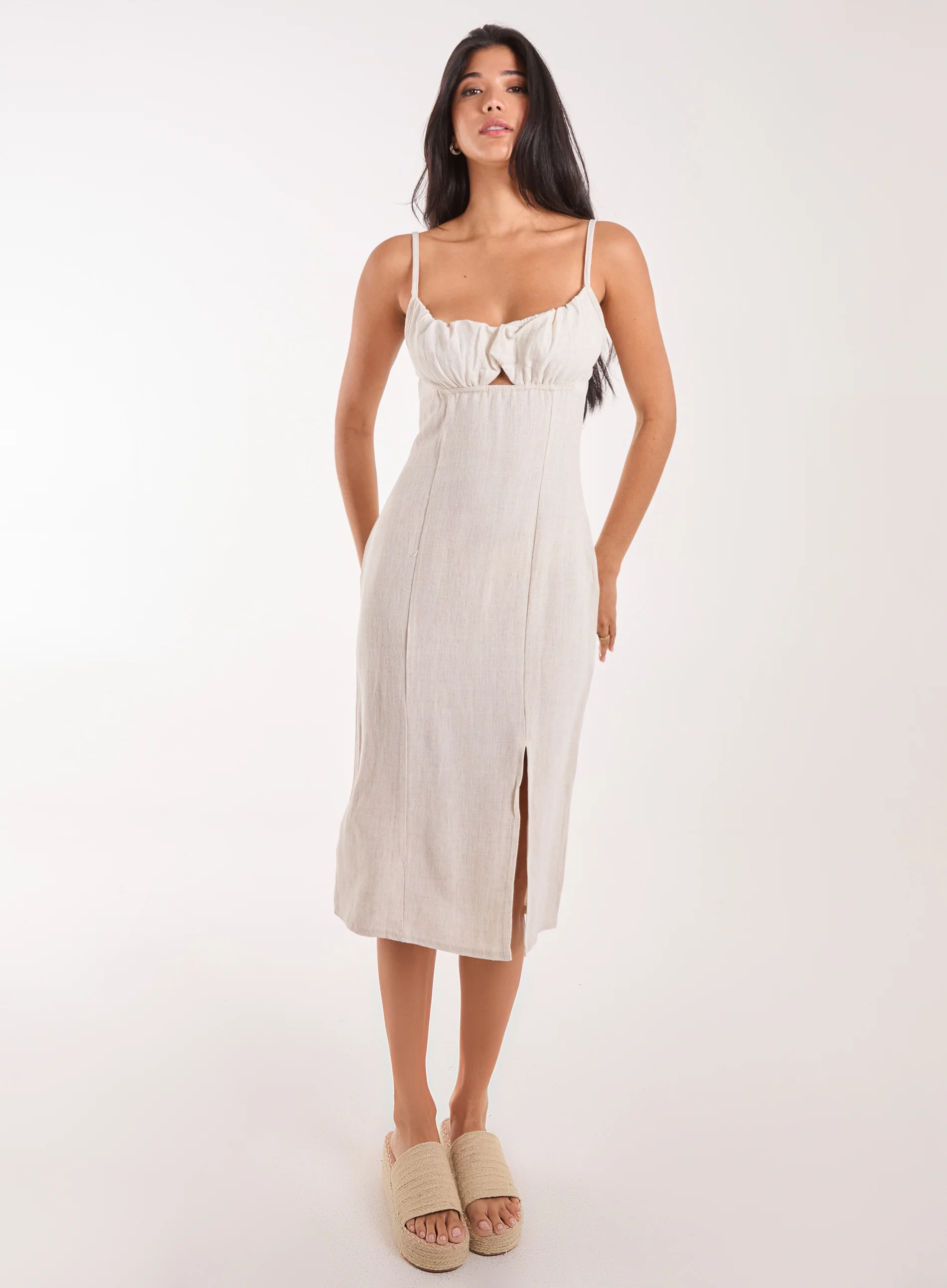 Ruched Linen Style Midi Dress - Image 3
