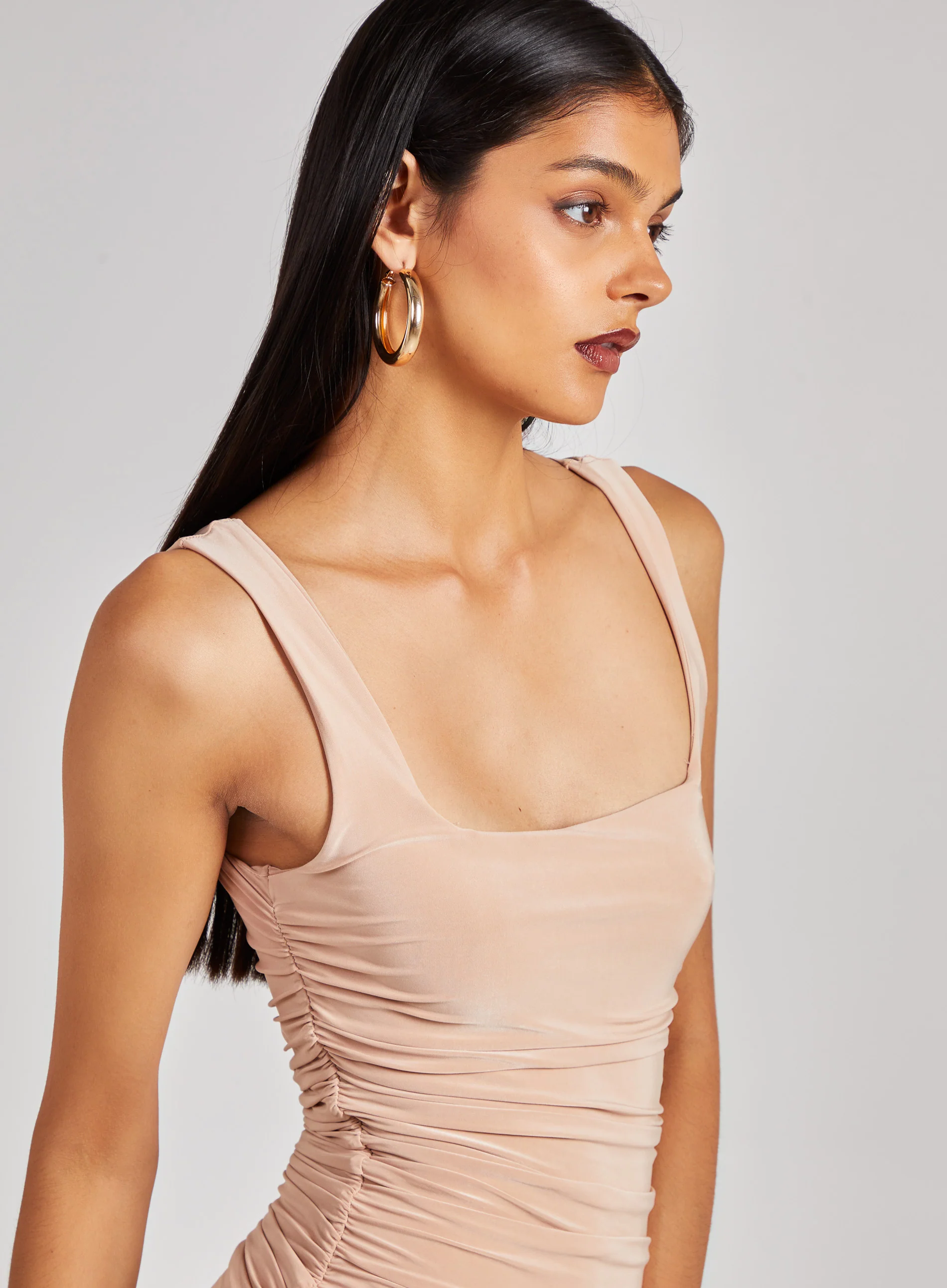 Square Neck Gathered Slinky Mini Dress - Image 3