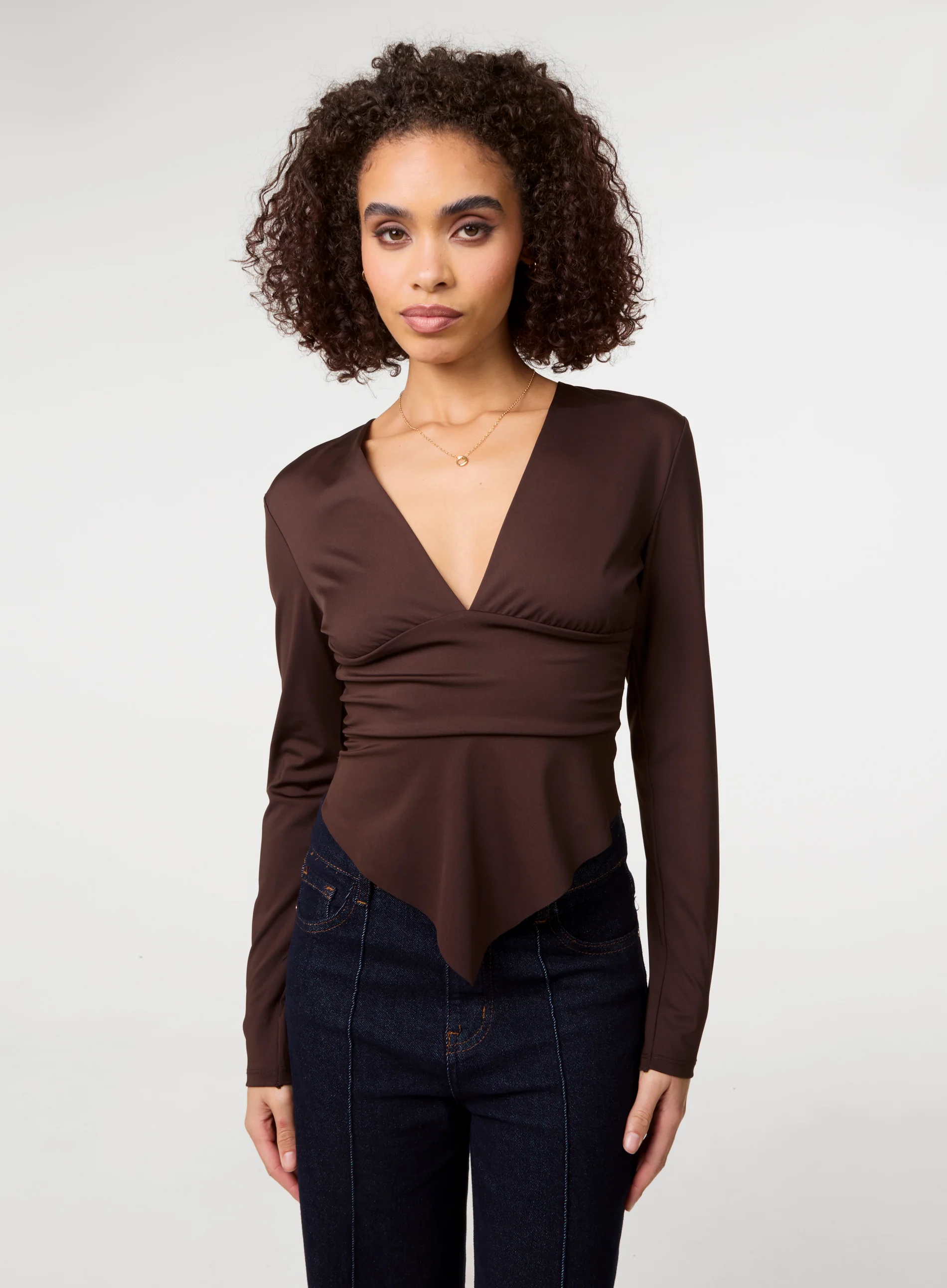 Stretch V Neck Hanky Hem Top