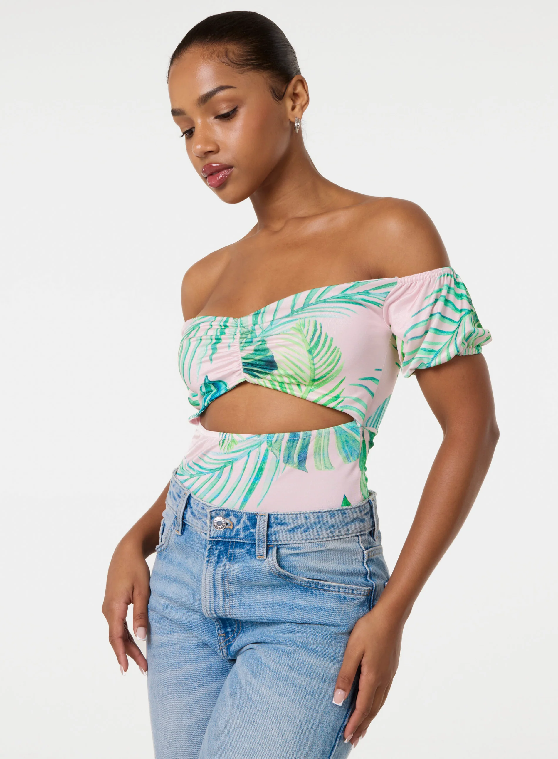 Tropical Bardot Cut-Out Bodysuit - Image 4