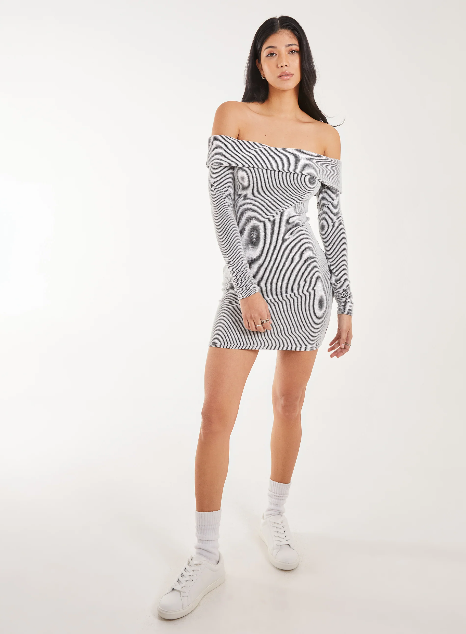 Two Tone Rib Bardot Mini Dress - Image 2