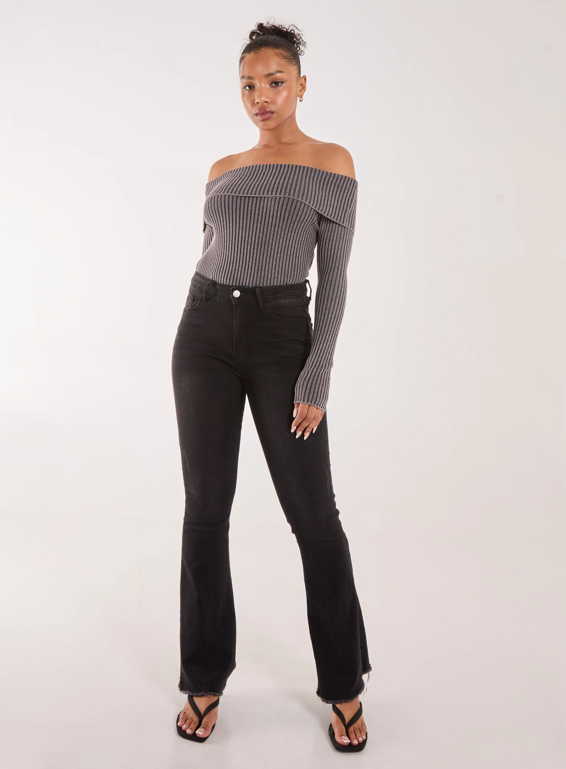 Two Tone Rib Bardot Top - Image 2