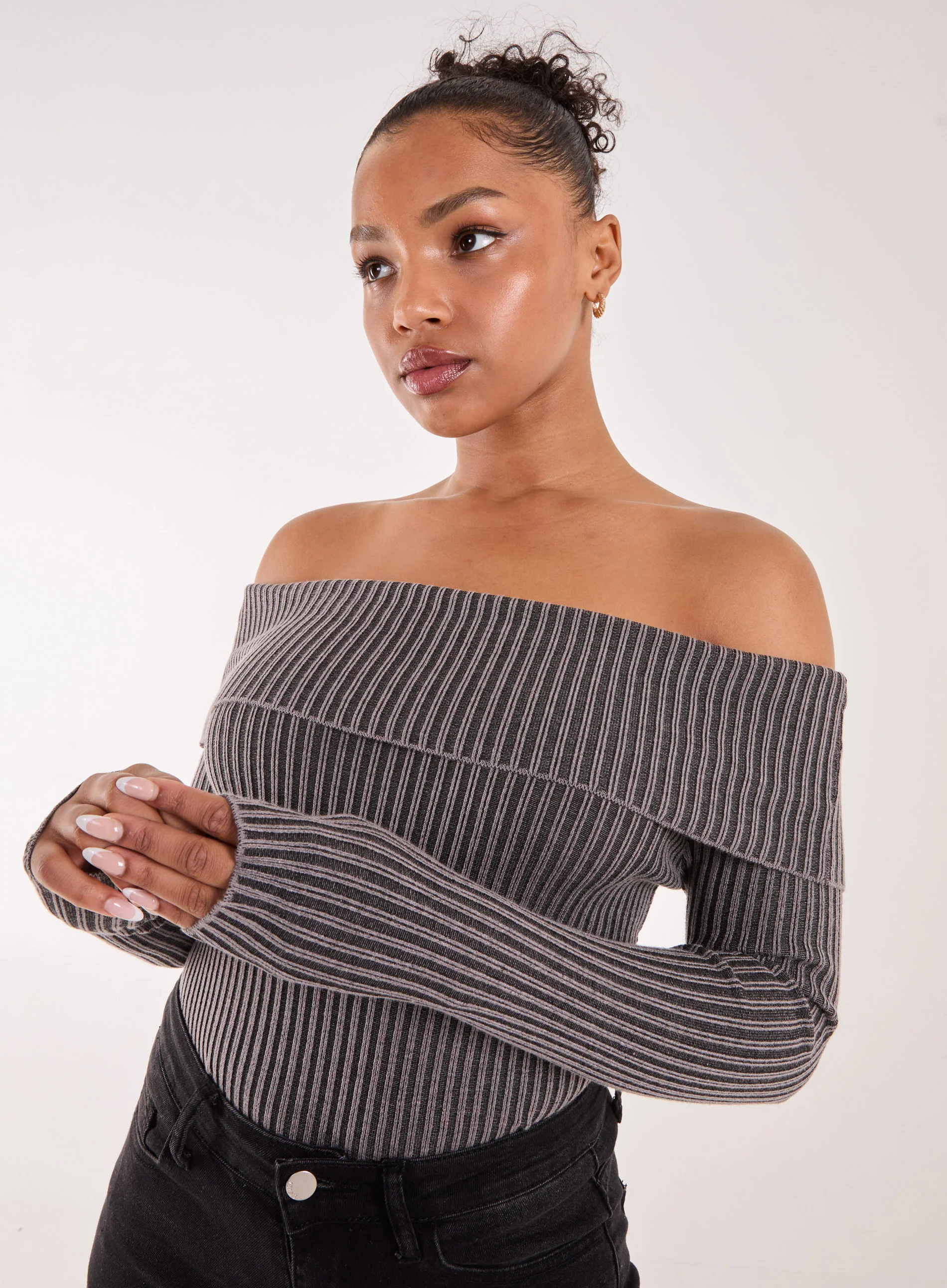 Two Tone Rib Bardot Top - Image 3