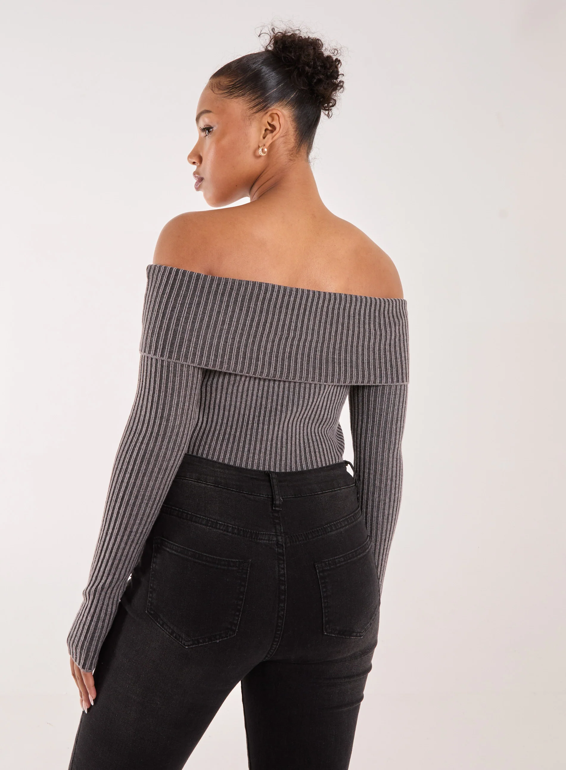 Two Tone Rib Bardot Top - Image 4