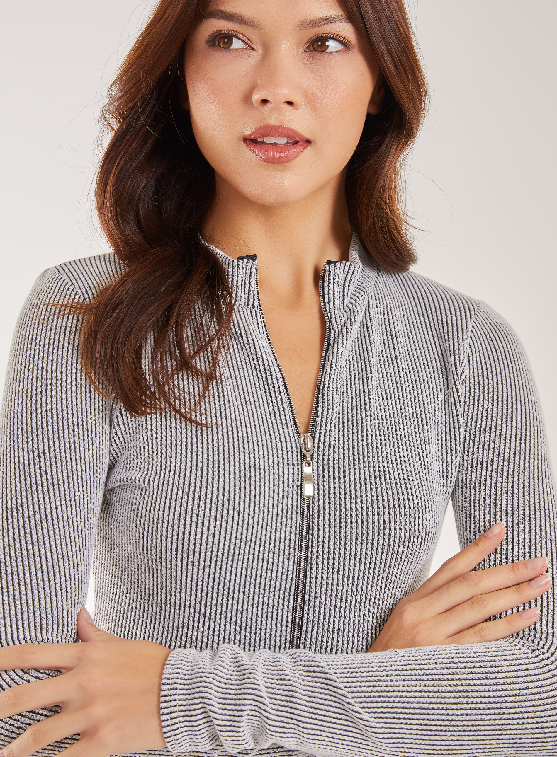 Two Tone Rib Double Zip Top - Image 5