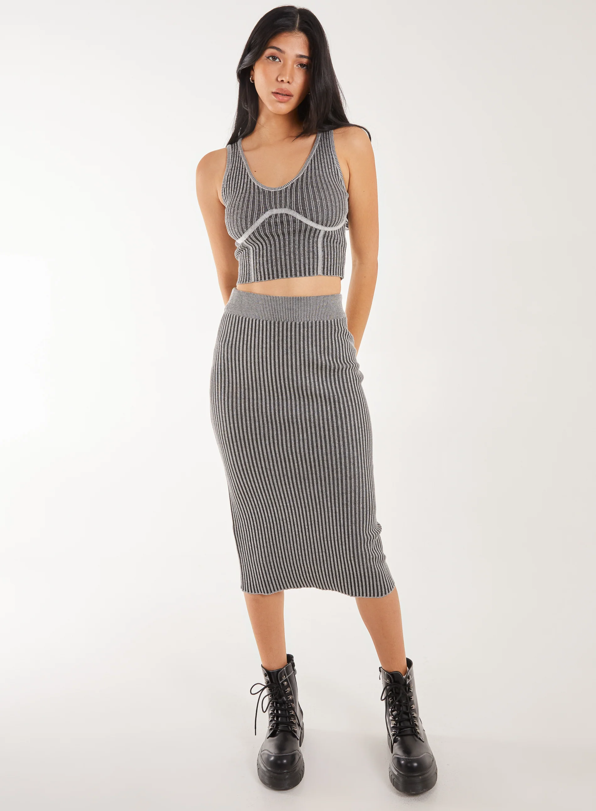 Two Tone Rib Midi Skirt