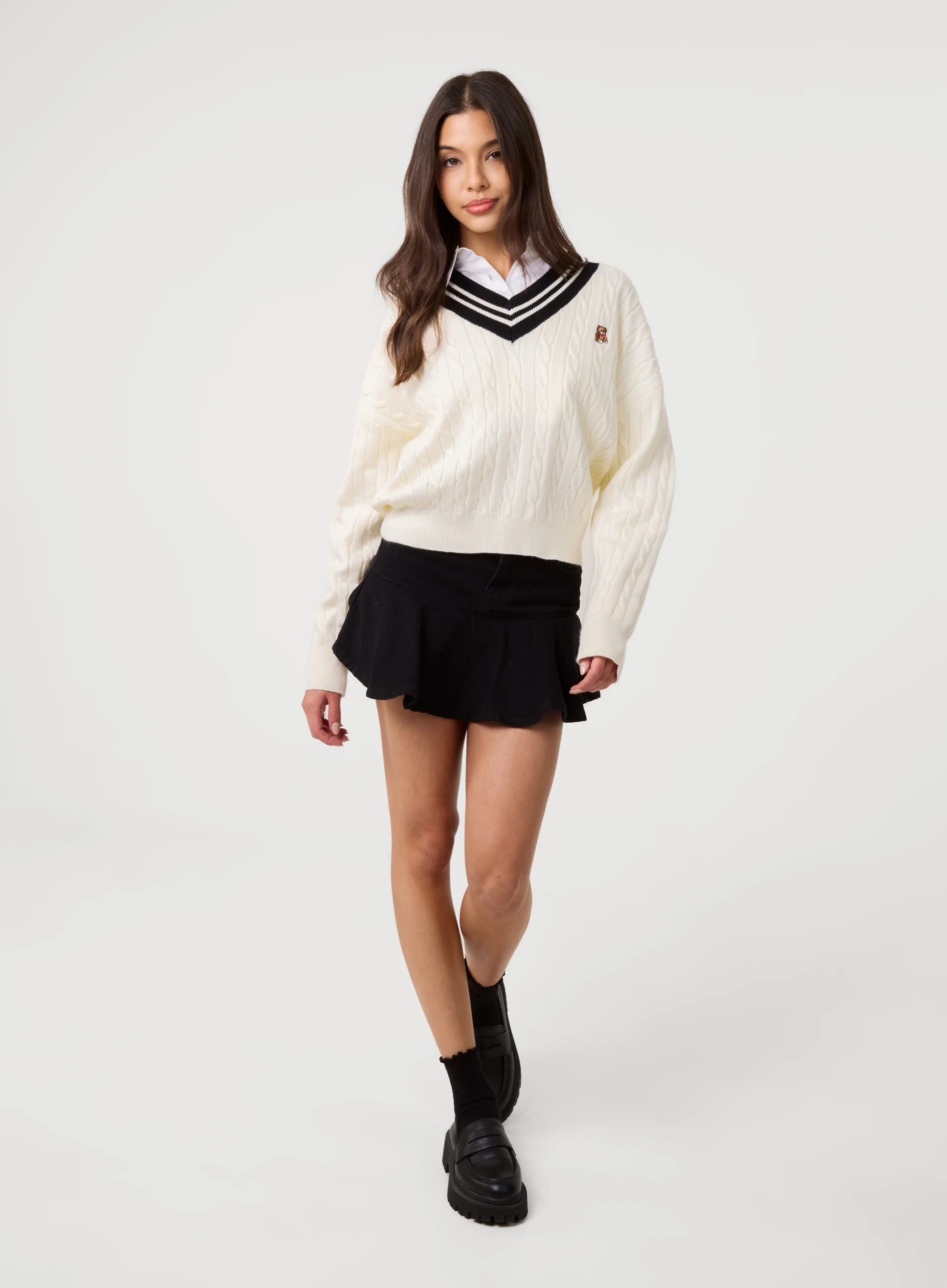 V Neck Cable Knit Teddy Jumper - Image 3