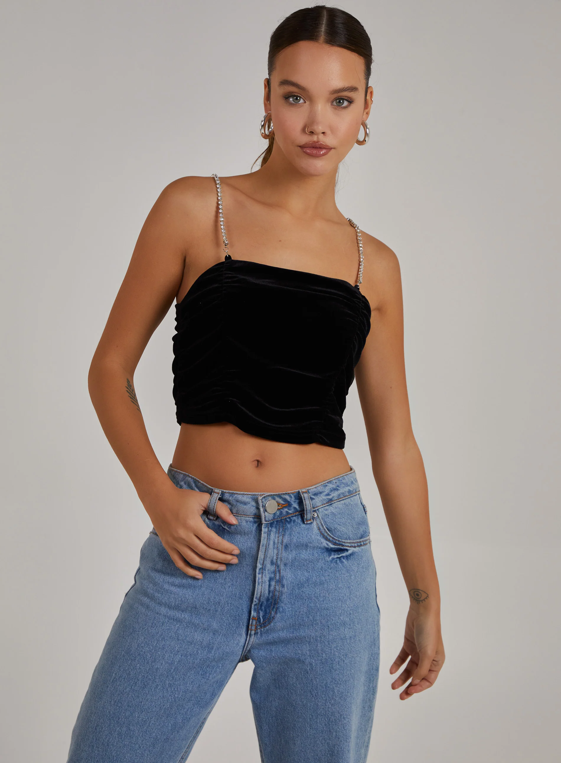 Velvet Rhinestone Straps Ruched Crop Top