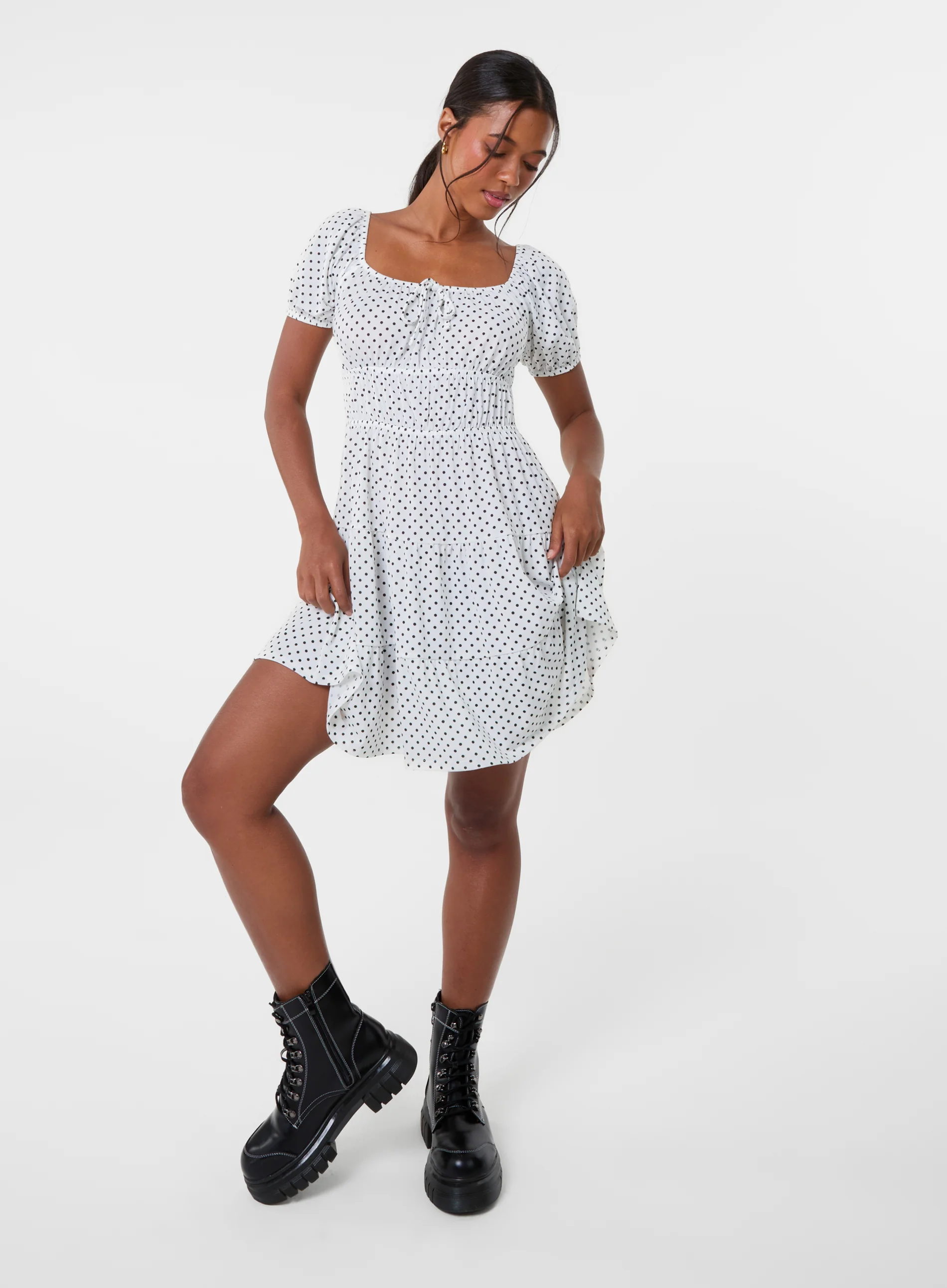 Puff Sleeve Polka Dot Tiered Mini Dress - Image 3