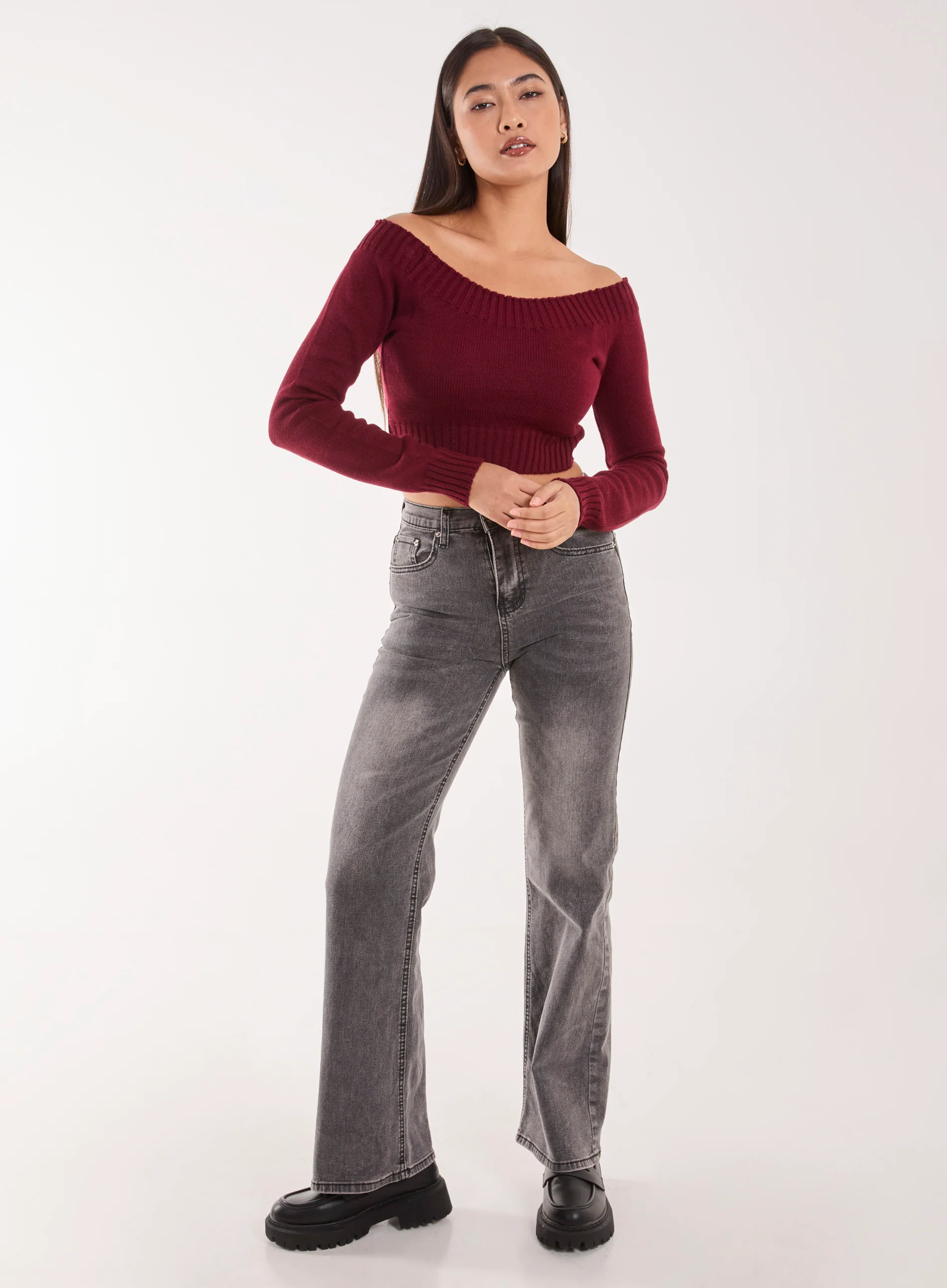 Off Shoulder Crop Knit Top - Image 2