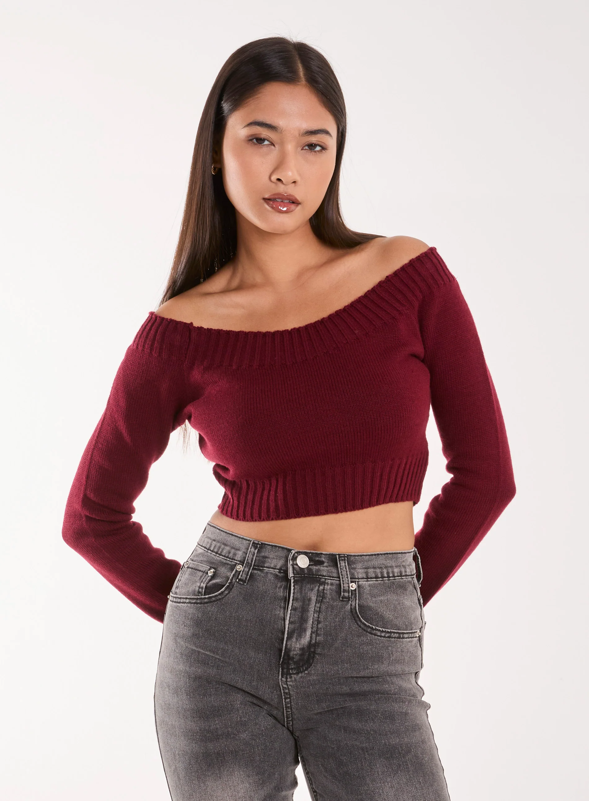 Off Shoulder Crop Knit Top - Image 3