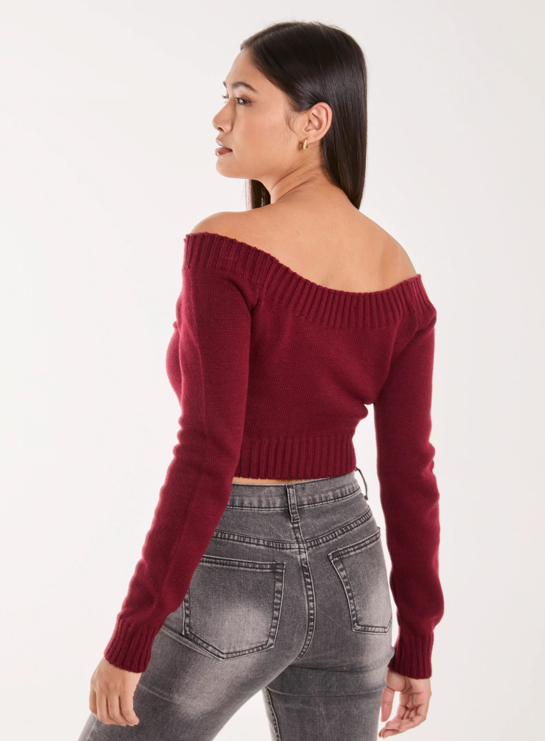 Off Shoulder Crop Knit Top - Image 4