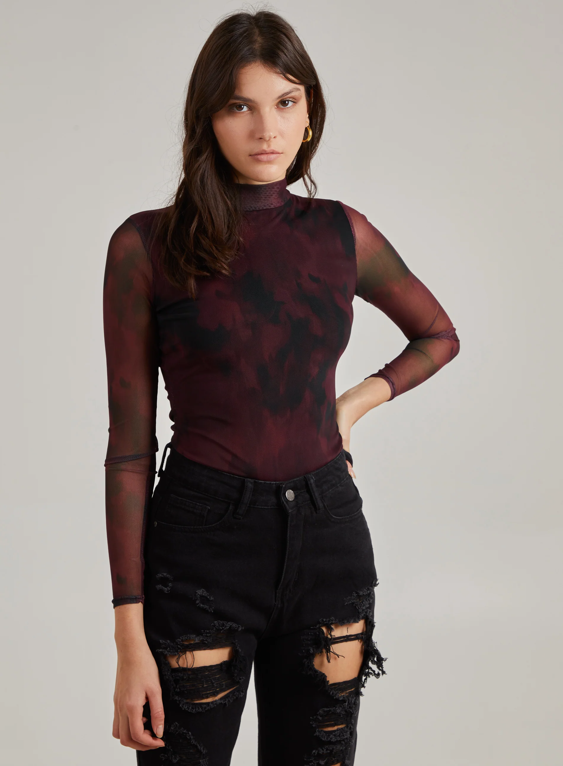 Smudge Print Long Sleeve Mesh Bodysuit - Image 2